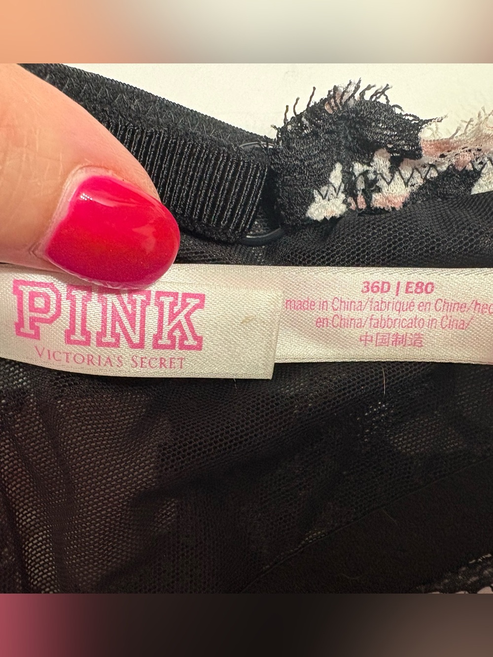 PINK Victoria's Secret Black Lace Bra with Pink Floral Print - Picture 2 of 3